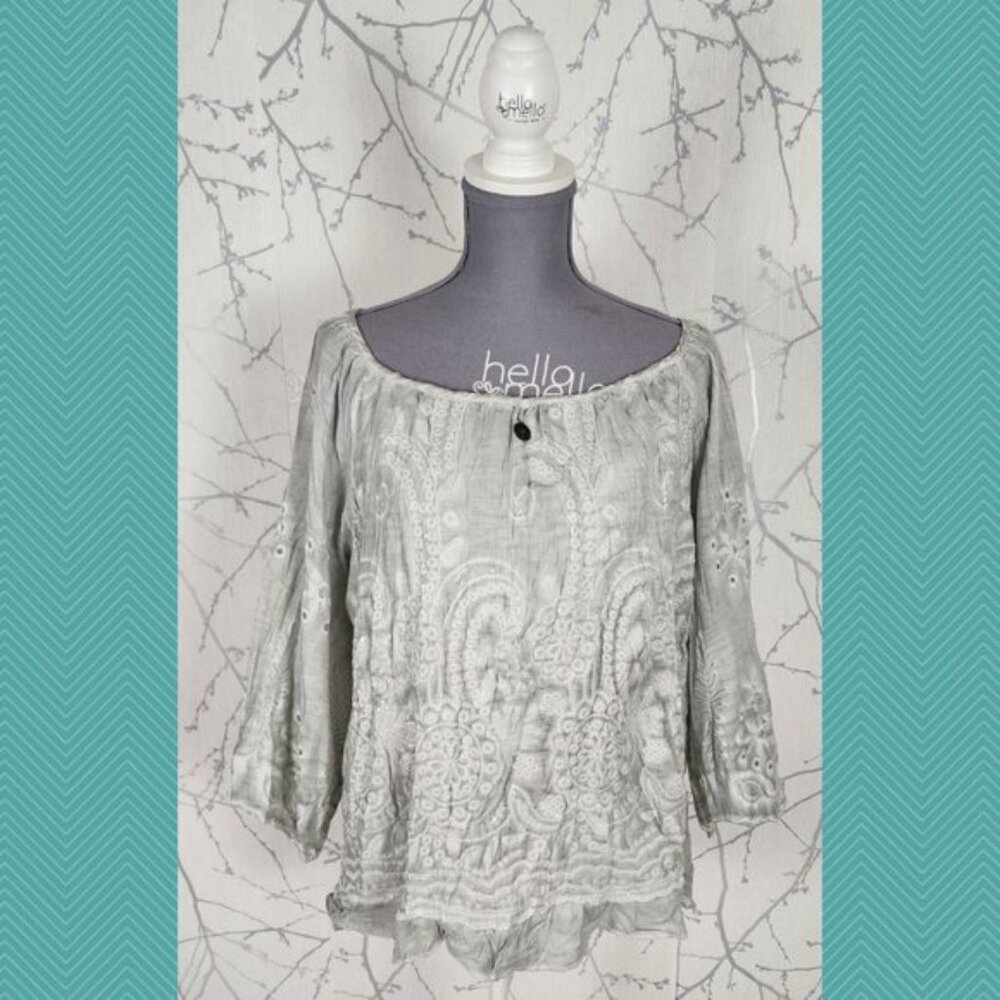 Simply Couture Paisley Embroidered Lace Olverlay Elastic Neck Top